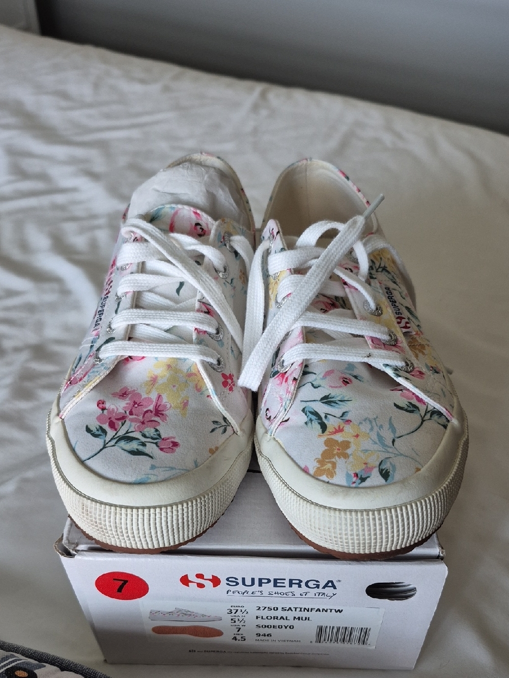 Superga White Canvas Sneakers with Pink and Yellow Floral Pattern - Picture 2 of 6